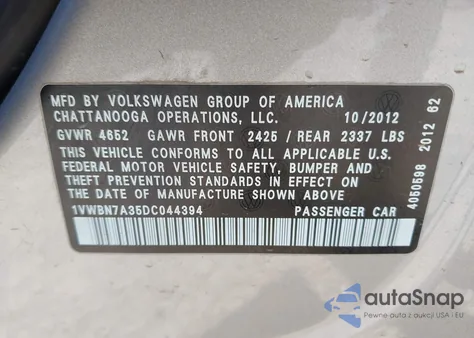 2013 Volkswagen Passat 2.0L Tdi Se из США, поврежденный, VIN 1VWBN7A35DC044394